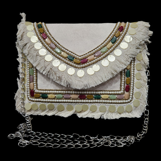 Stylish Vintage Banjara Fabric Designer Clutch For Women Trendy Handbag with Golden Chain Strap