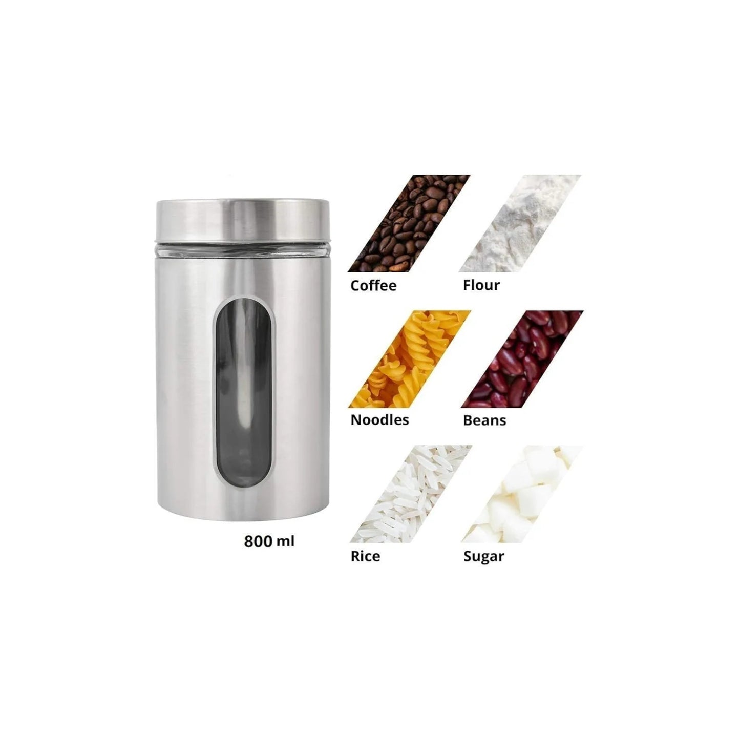 Stainless Steel Canister with Glass Window - Kitchen Counter Storage, Food Container for Sugar, Flour, Coffee or Tea, Silver Color 1 Jar (800ML)