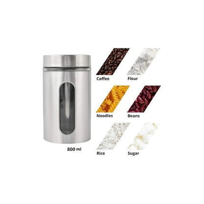 Stainless Steel Canister with Glass Window - Kitchen Counter Storage, Food Container for Sugar, Flour, Coffee or Tea, Silver Color 1 Jar (800ML)