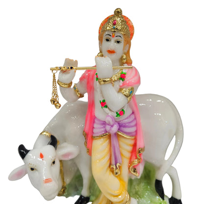 Handicraft Krishna Statue Idol with Cow for Home Office Decor and Pooja Room