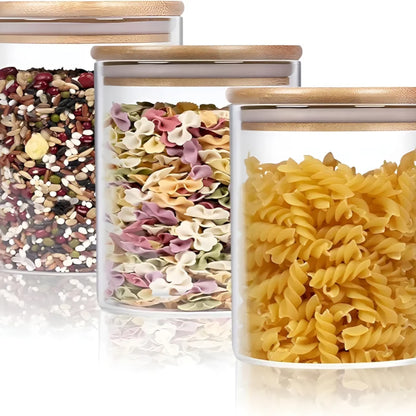 Glass Food Storage Containers Set of 3 ,Airtight Food Jars with Bamboo Wooden Lids, Kitchen Canisters for Sugar,Candy, Cookie, Rice and Spice kitchen storage, Round -320ml -3pcs