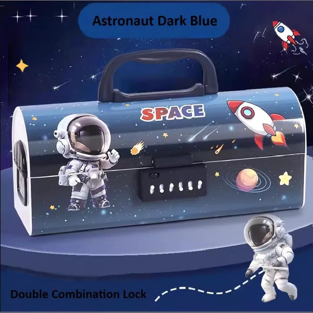 (Astronaut-Dark Blue) Invite Multilayer Password Lock Pencil Box - Large Capacity Cartoon Print Pen Case for Girls & Boys | Stylish School Stationery Organizer for Kids.
