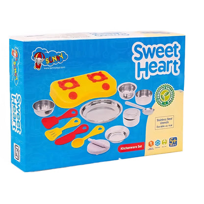 Little Fun Sweet Heart Kitchen Set 13 Pieces Steel & Plastic Combo Kitchen Fun Set for Kids