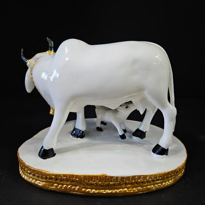 Cow With Calf Statue in Marble Dust, Holy Cow Idol, Showpiece for Home Decor, Handmade Divine Cow, Mother Cow with Baby Calf, kamdhenu