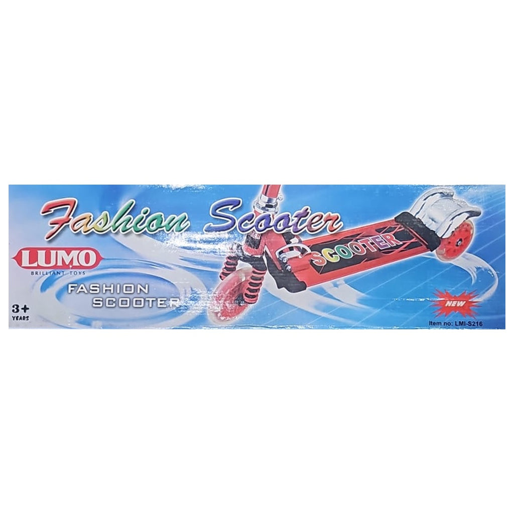 Lumo Fashion Scooter for kids, model LMI-S216, featuring a red and silver color scheme and suitable for ages 3+.