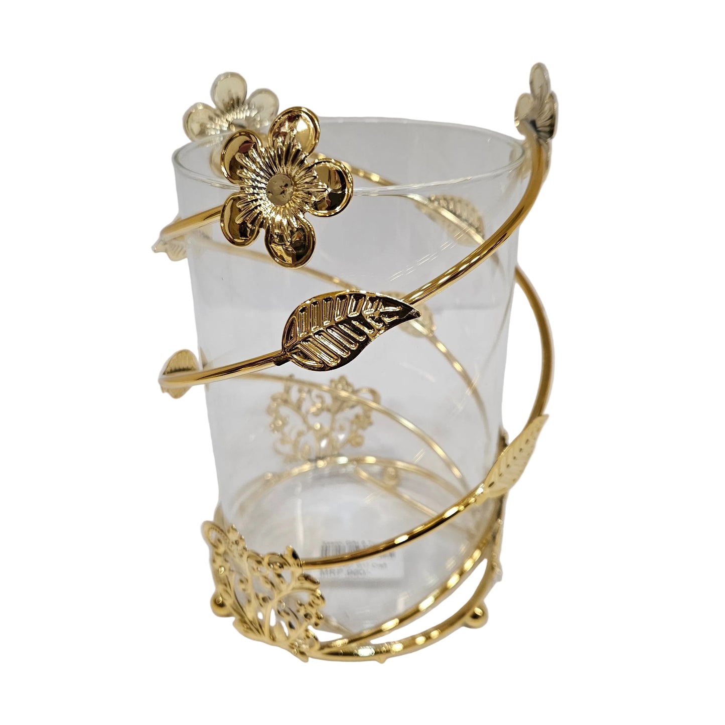 Nordic-style decorative clear glass vase and candle holder enveloped in an ornate, metallic gold-plated frame