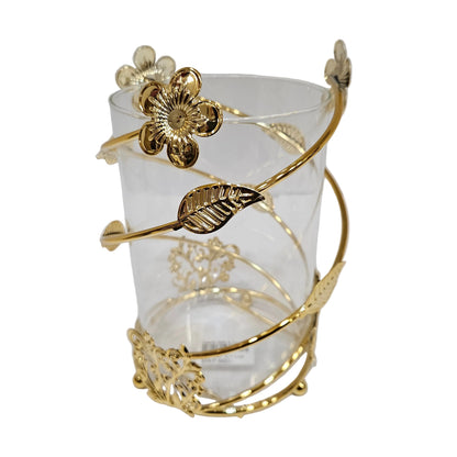 Nordic-style decorative clear glass vase and candle holder enveloped in an ornate, metallic gold-plated frame