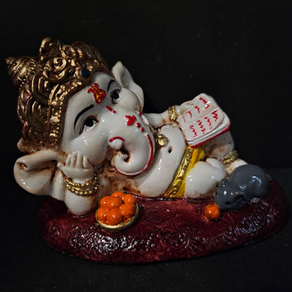 Handcrafted Resin Resting Lord Ganesha Idol Decorative Showpiece for Home Temple, Pooja Room, Office, Car Dashboard