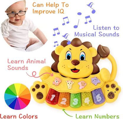 Adorable baby lion piano, 5 numbered and different color light keys, musical toy to play and teach the baby with 3 game modes, interactive toy for 12 months old babies