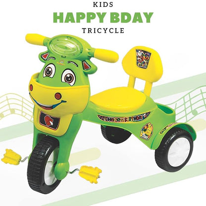 Panda's kids happy birthday tricycle with Lights & music with fun & joy,back support for comfort,front Basket,back Basket & pedal wheels tricycle