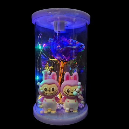 Labubu couple & artificial rose flower  glass capsule with lights perfect couple gifting