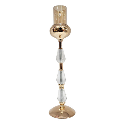 Metal candle holders a polished gold finish and crystal acrylic accents, perfect for wedding decor or table centerpieces