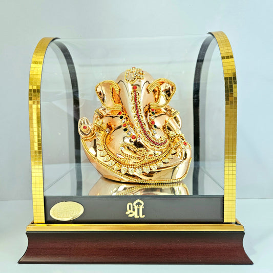 Imported 24carat Gold Plated Cabin Idol with stones Decorated of Ganesha with Full Decorate for Puja Room Or Home Decor
