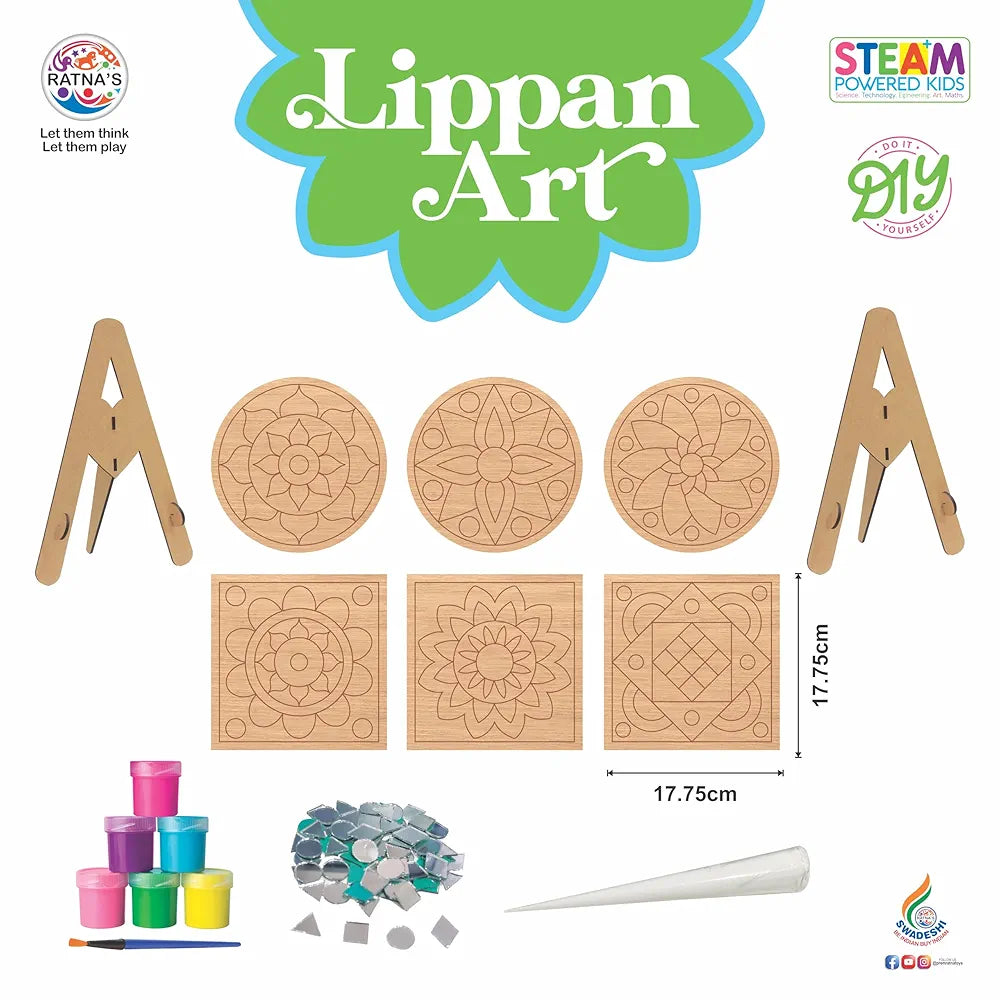 RATNA'S Lippan Art Mandala Craft Kit for Kids and Adults DIY Activity with 6 Wooden Lippan Art Pcs, 80 Mirrors Pcs, Watercolors, Frames, Glue and Painting Brush