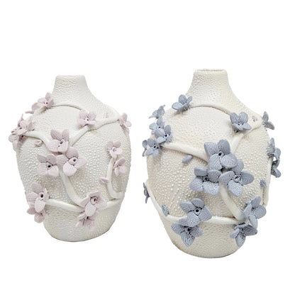 Textured white polyresin or Ceramic vase for Garden/home collection, embossed roses