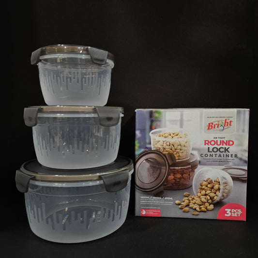 Bright Round Lock Air tight 3piece Storage Containers with 1800ml,1200ml & 600ml Capable unbreakable transparent containers