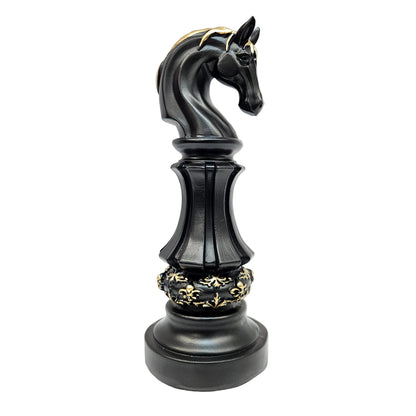 Decorative Knight chess piece figurine features a matte black finish with intricate gold accents on the mane and base