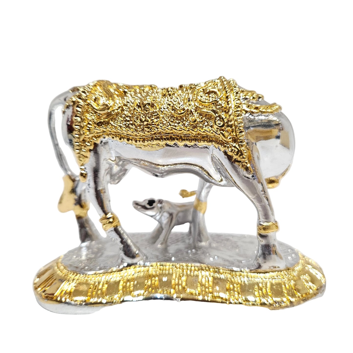 Om Kamdhenu Cow with Calf for Gold & Silver Plated Home Decor Gaay Bachda Cow and Calf for Vastu Positive Energy Wealth