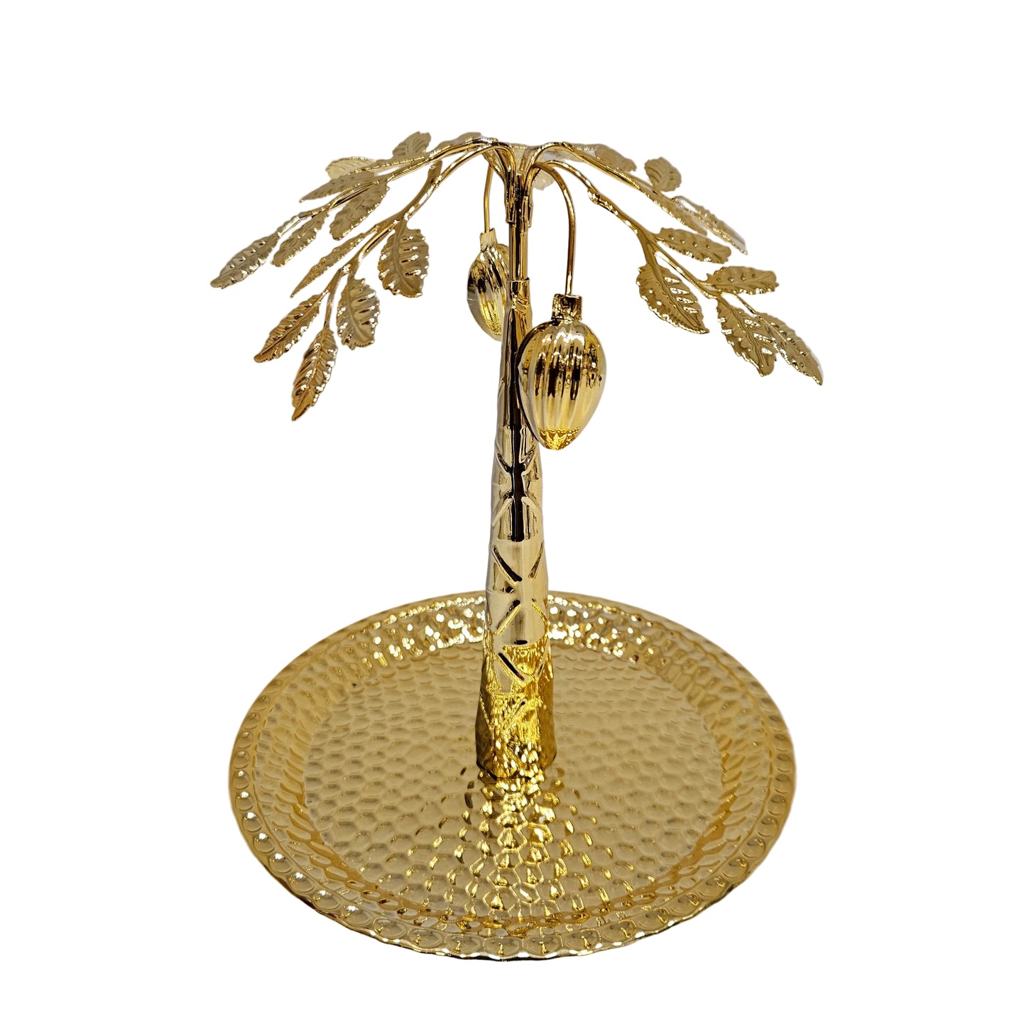 Golden metal palm tree decorative tray, commonly used as a jewelry organizer, trinket dish, or catering display centerpiece