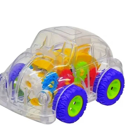 Transparent Mechanical Toy Car 360° Auto Rotating Sensor Car| Gear Machine Vehicle with Multicolor Light & Music| Battery Operated for kids return gifting