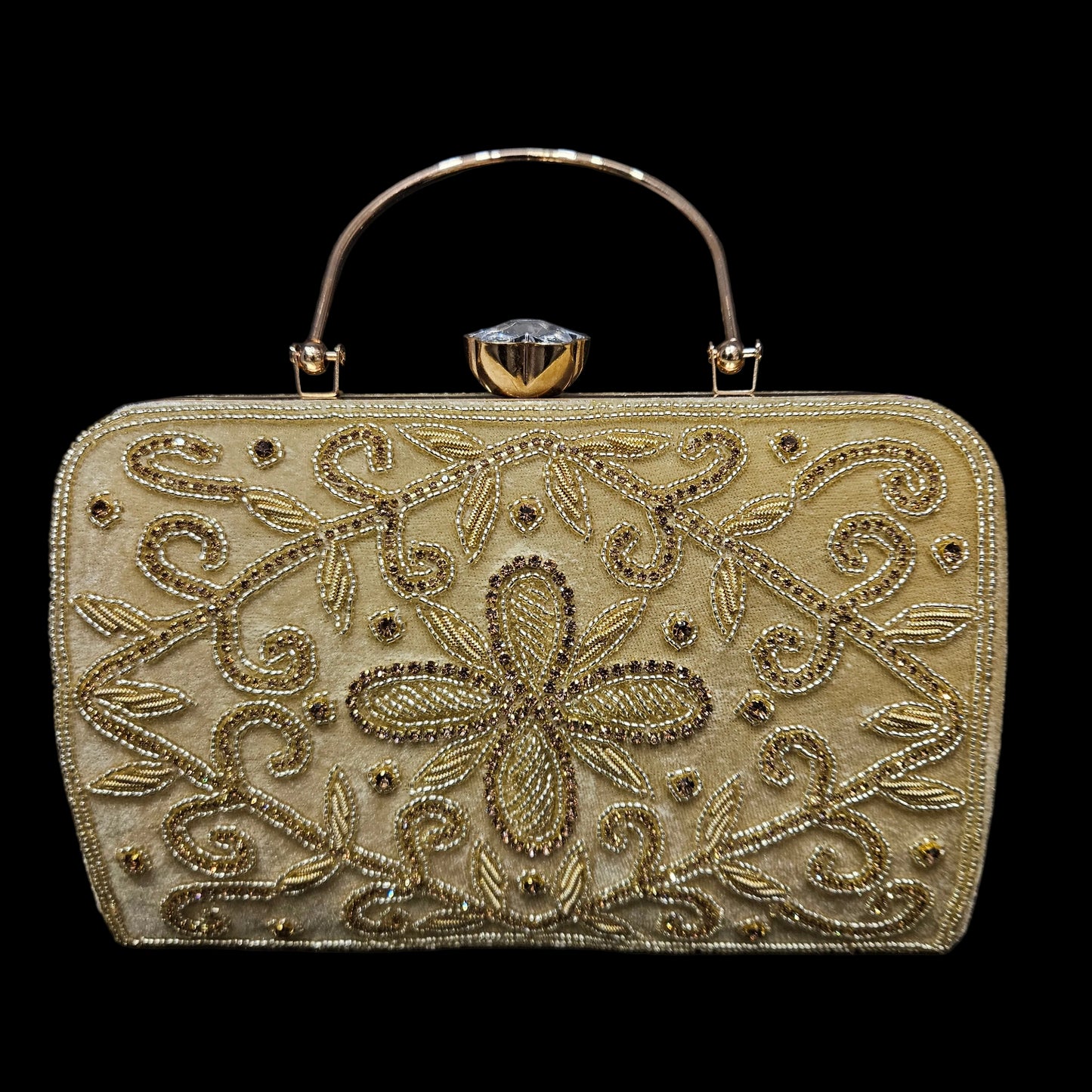 Premium Embroidered Clutch for Women, Gold Beaded Evening Handbag with Diamond Clasp & Metal Handle, Wedding & Festival Wear Purse
