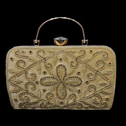 Premium Embroidered Clutch for Women, Gold Beaded Evening Handbag with Diamond Clasp & Metal Handle, Wedding & Festival Wear Purse