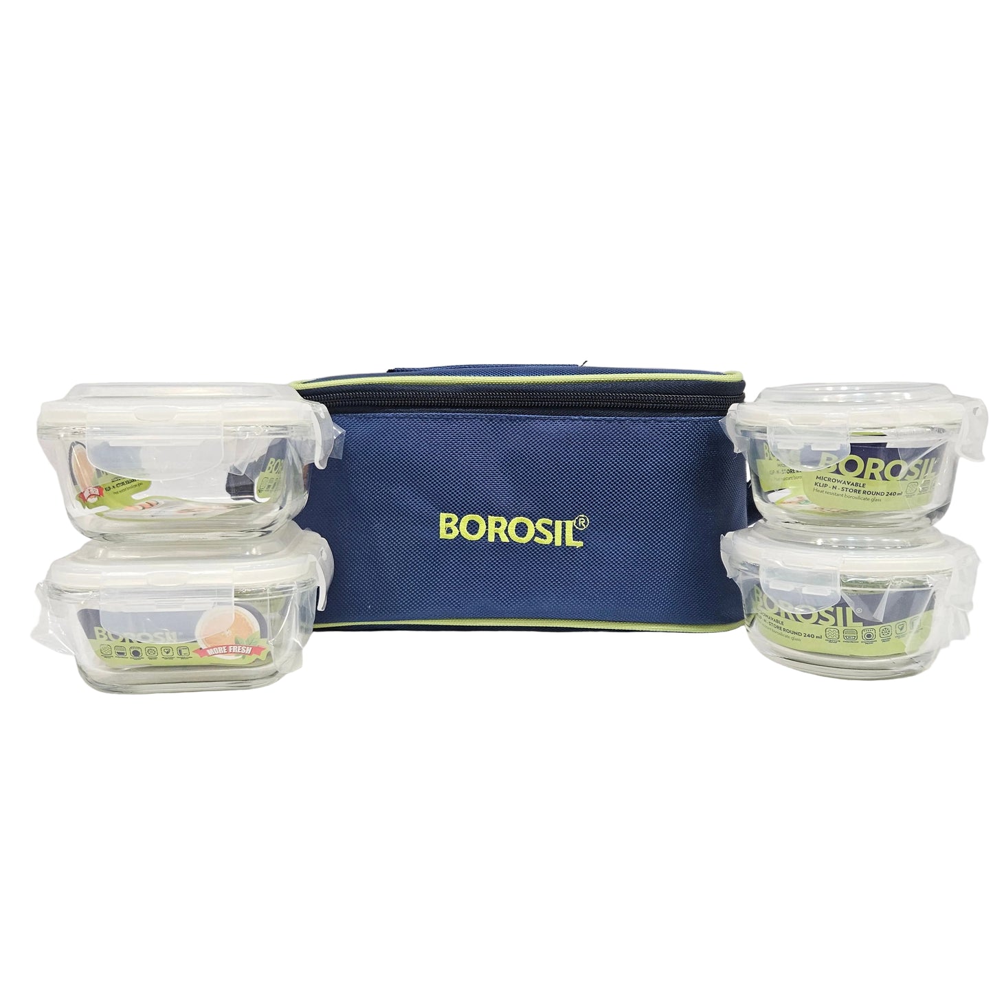 Borosil 4pcs set  Microwaveable Glass Square & round Lunch box with airtight lids