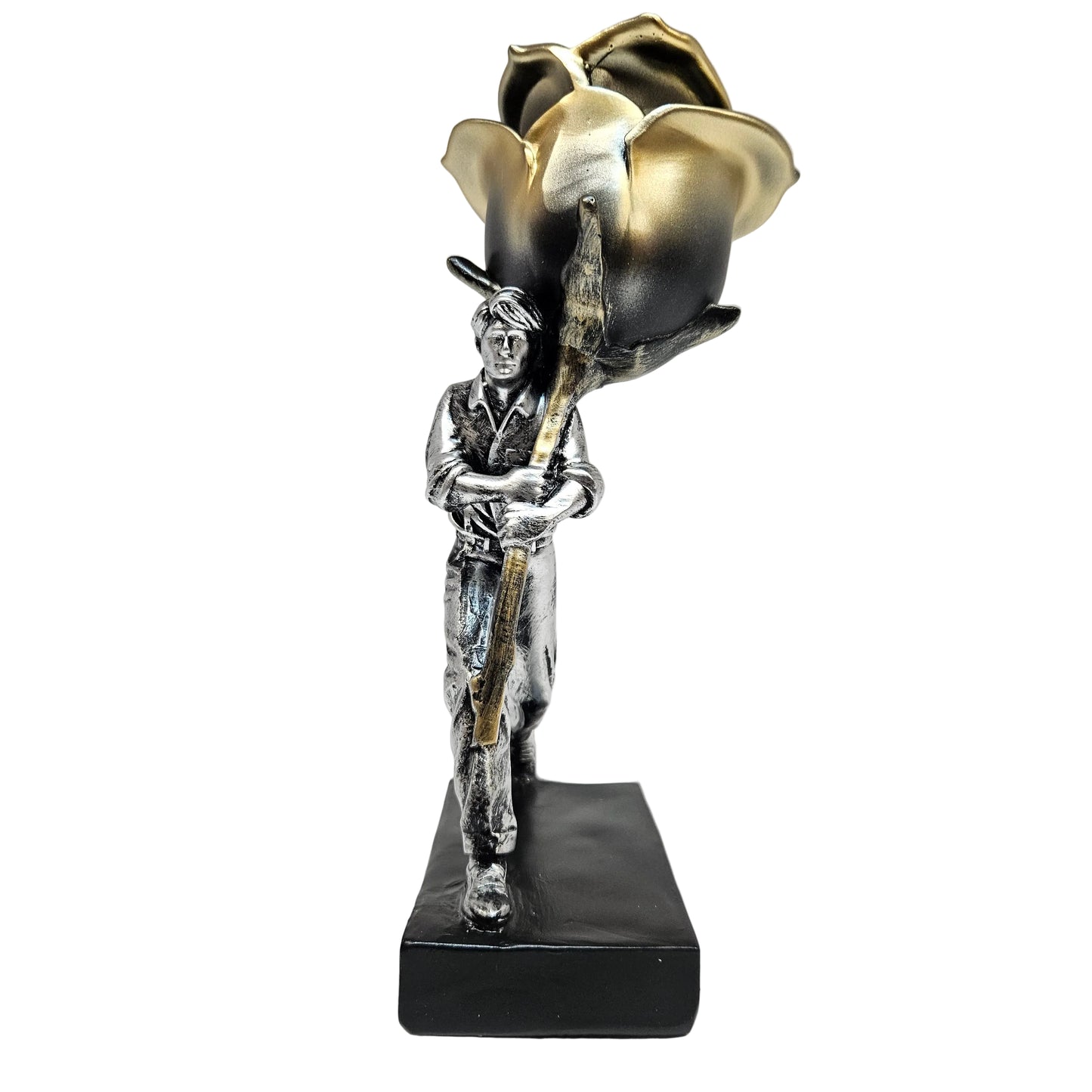 Metallic polyresin figurine depicts a male figure in mid-stride carrying an oversized golden-and-black rose over his shoulder, symbolizing labor, love, or determination