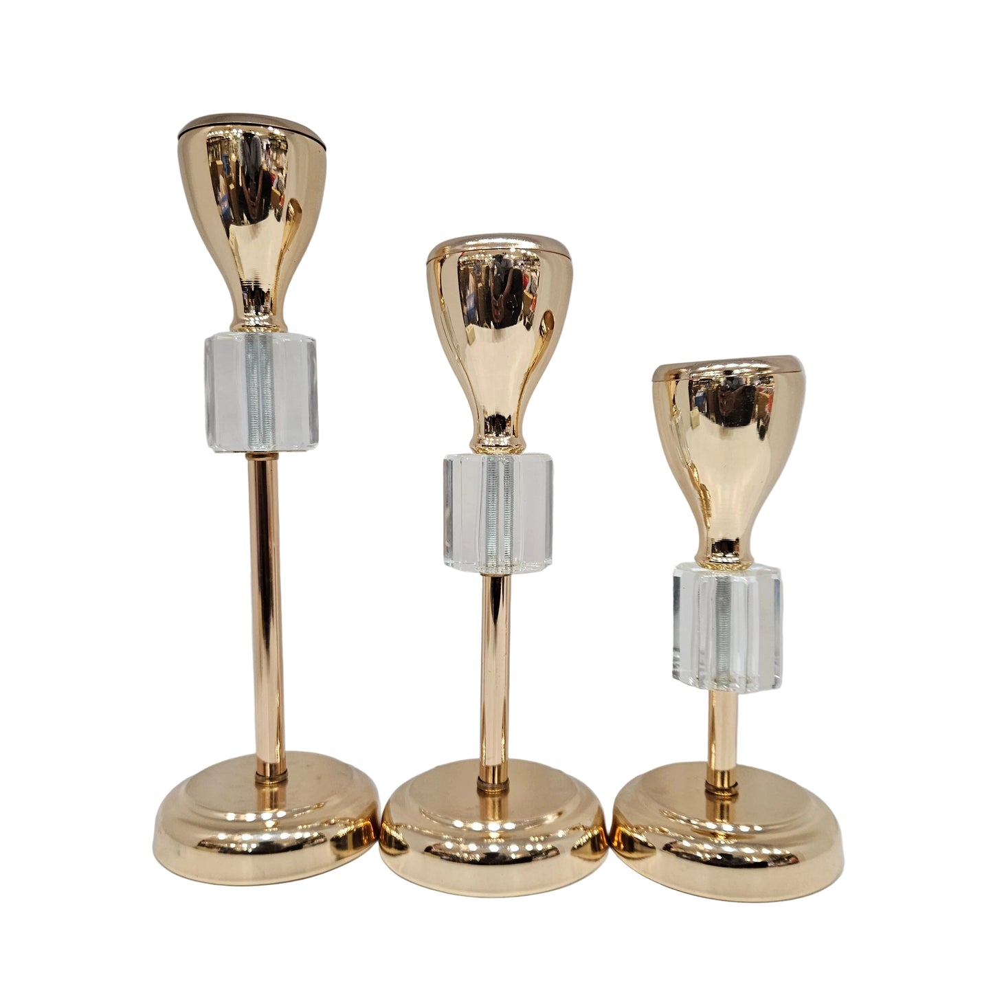 Metal and crystal candle holder 3pcs set features a polished gold finish and faceted glass accents candle Holder's
