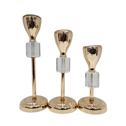 Metal and crystal candle holder 3pcs set features a polished gold finish and faceted glass accents candle Holder's