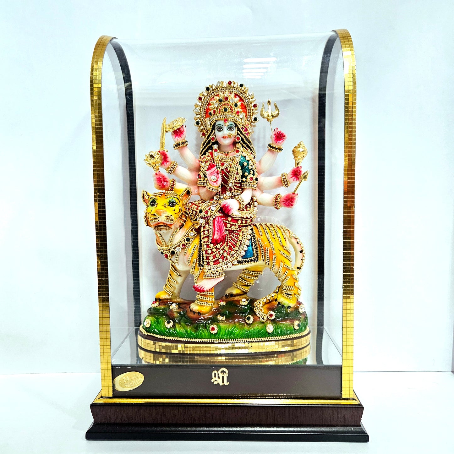 24 carat gold Plated durga Matha idol Statue showpiece with stones design in transparent protective cabin