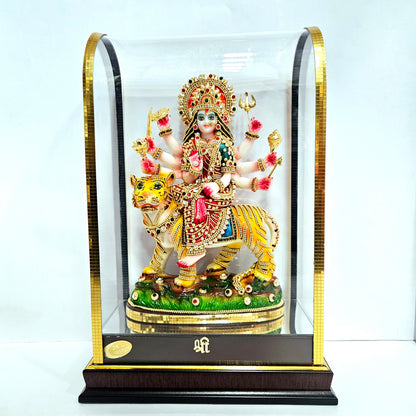 24 carat gold Plated durga Matha idol Statue showpiece with stones design in transparent protective cabin