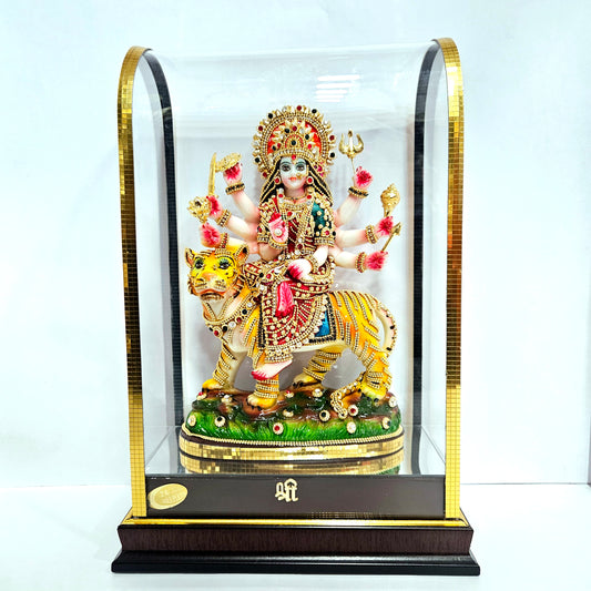 24 carat gold Plated durga Matha idol Statue showpiece with stones design in transparent protective cabin