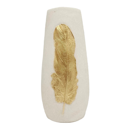 white ornamental vase features a distinct textured finish and a central gold feather