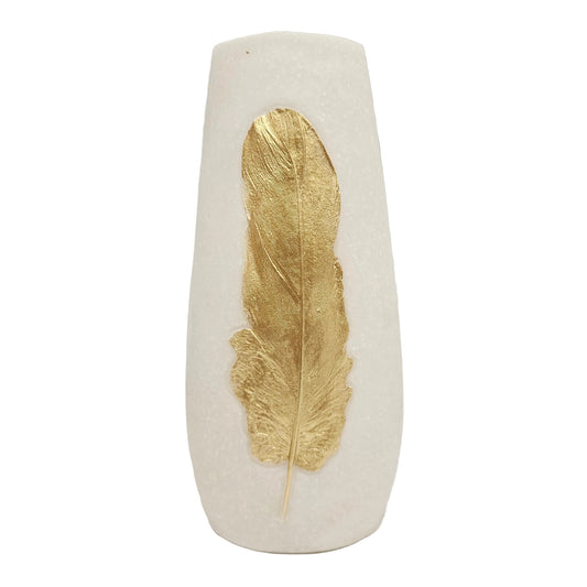 white ornamental vase features a distinct textured finish and a central gold feather