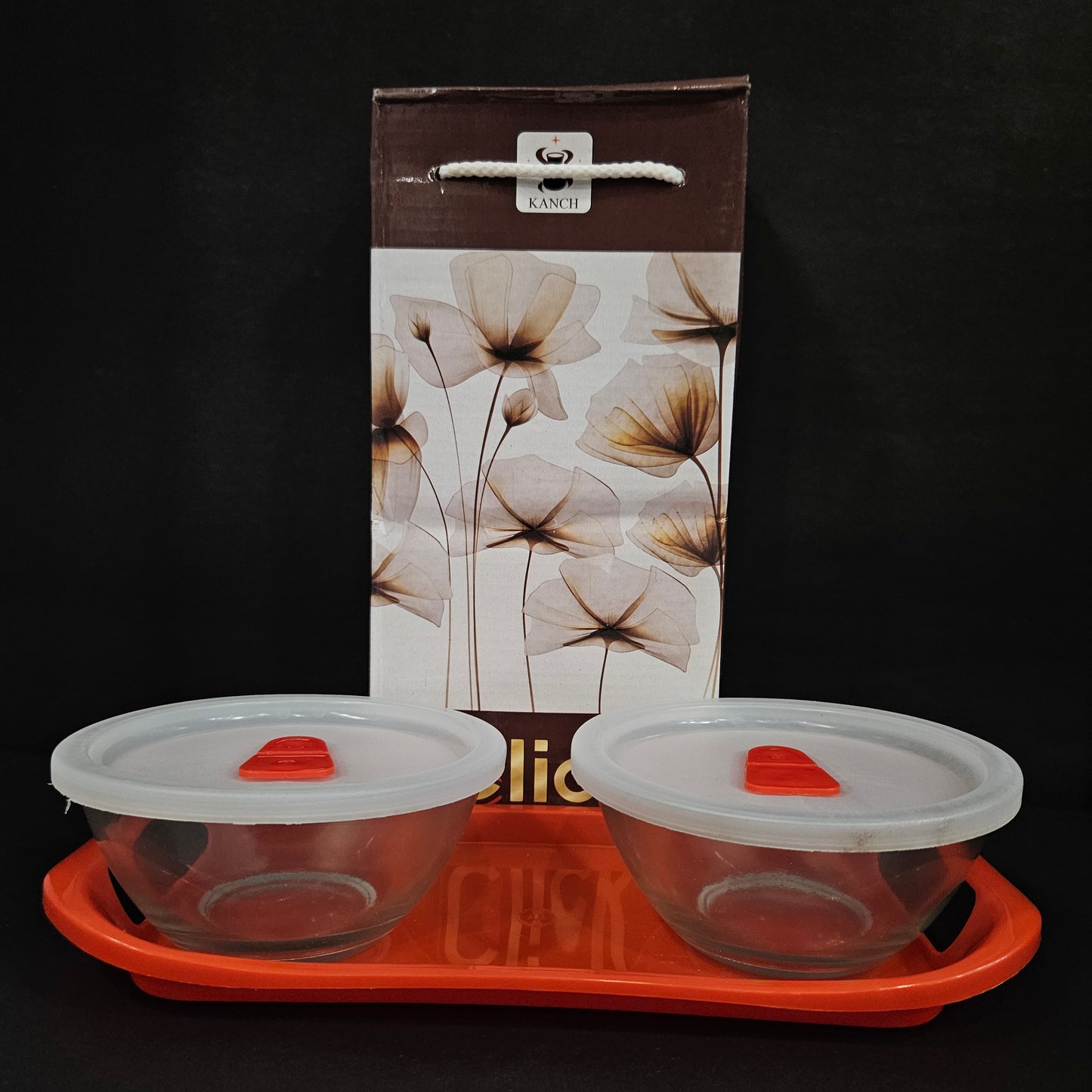 Kanch click 2 piece glass bowls with Airtight Lid & tray for dry fruits storage purpose