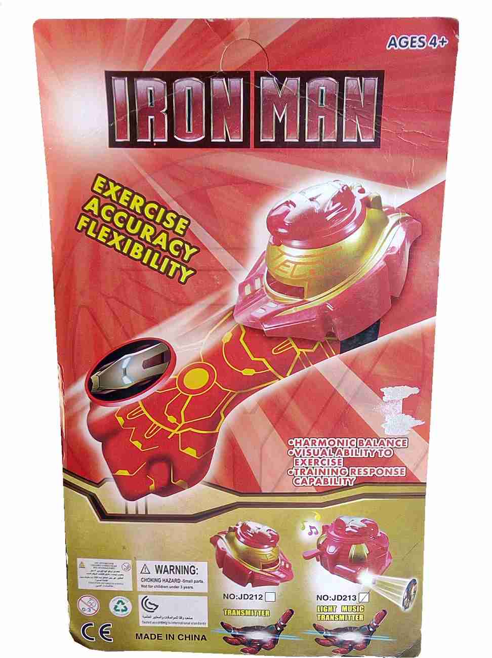 Packaging for an Iron Man themed launcher glove toy, predominantly red and gold with a design resembling Iron Man's suit.