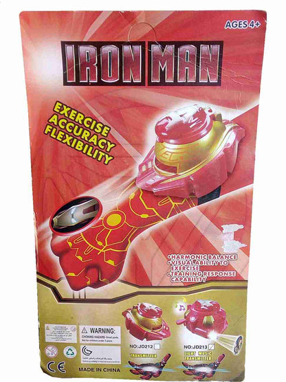 Packaging for an Iron Man themed launcher glove toy, predominantly red and gold with a design resembling Iron Man's suit.