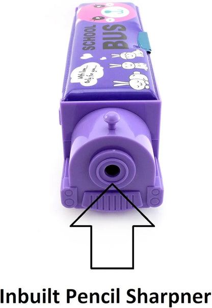 Purple pencil box shaped like a train or bus, designed for children. Additional detaIt has wheels, possibly for play.
The box features cartoon-like graphics with the word "SAUCE" visible.
It includes compartments and may have a built-in sharpener.