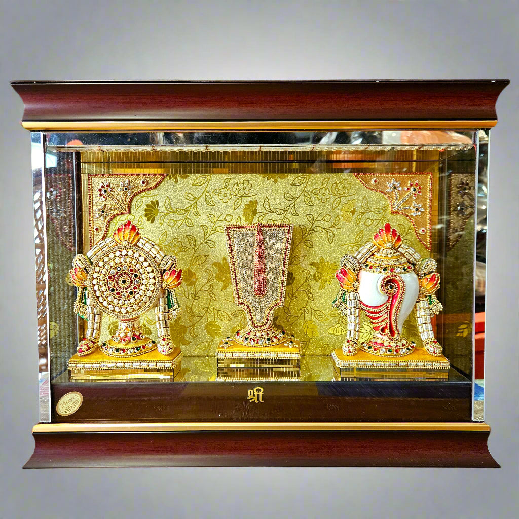 24 carats gold Plated Shank Chakra Tilakh idol Statue showpiece Figurine in a transparent protective cabin