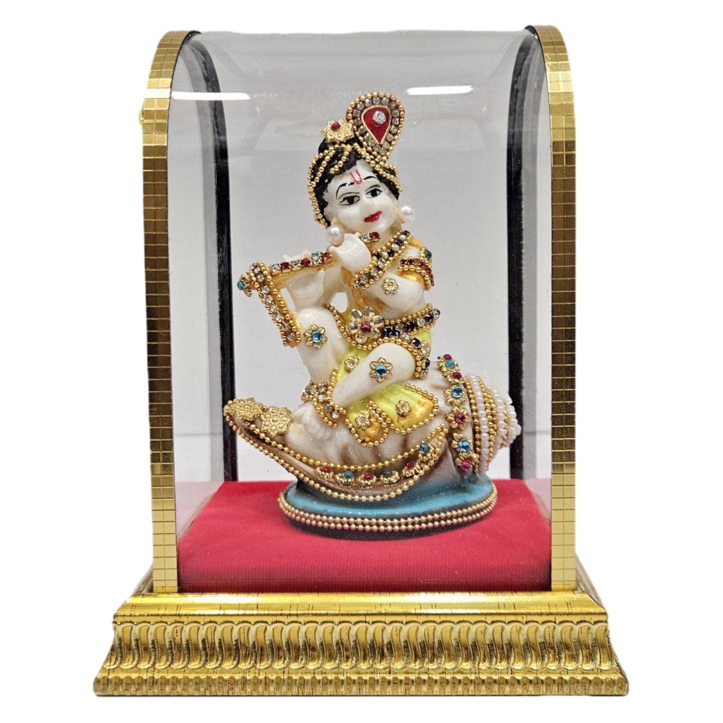 Handcrafted Baby Krishna "Makhan Chor" idol made of polyresin and enclosed in a glass display cabin case