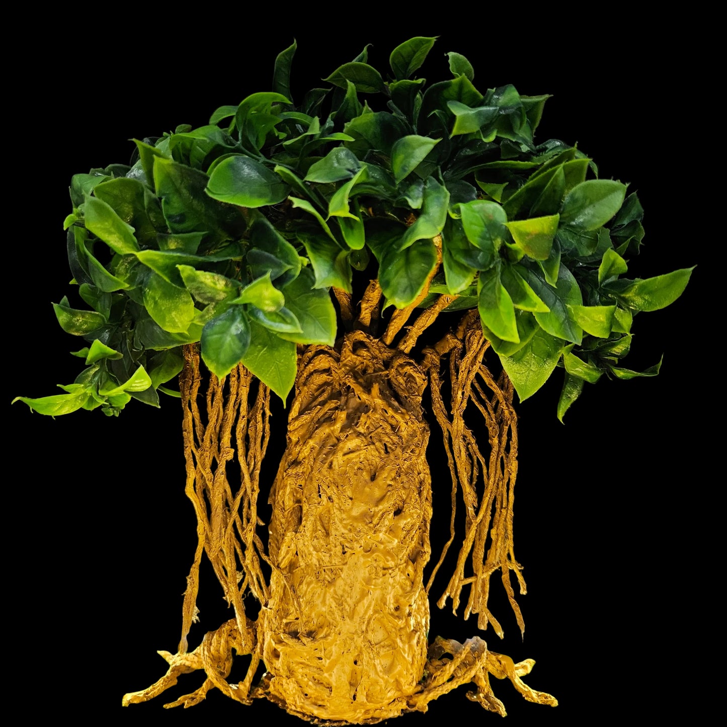 Decorative sculpture of a tree, possibly inspired by a banyan or baobab, featuring an intricate trunk and hanging aerial roots.