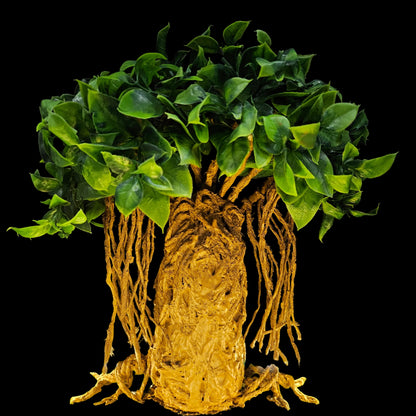 Decorative sculpture of a tree, possibly inspired by a banyan or baobab, featuring an intricate trunk and hanging aerial roots.