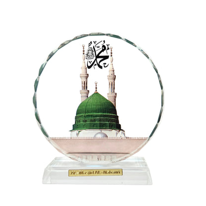 Circular glass plaque featuring a printed image of the Green Dome of Al-Masjid an-Nabawi in Medina Crystal Showpiece