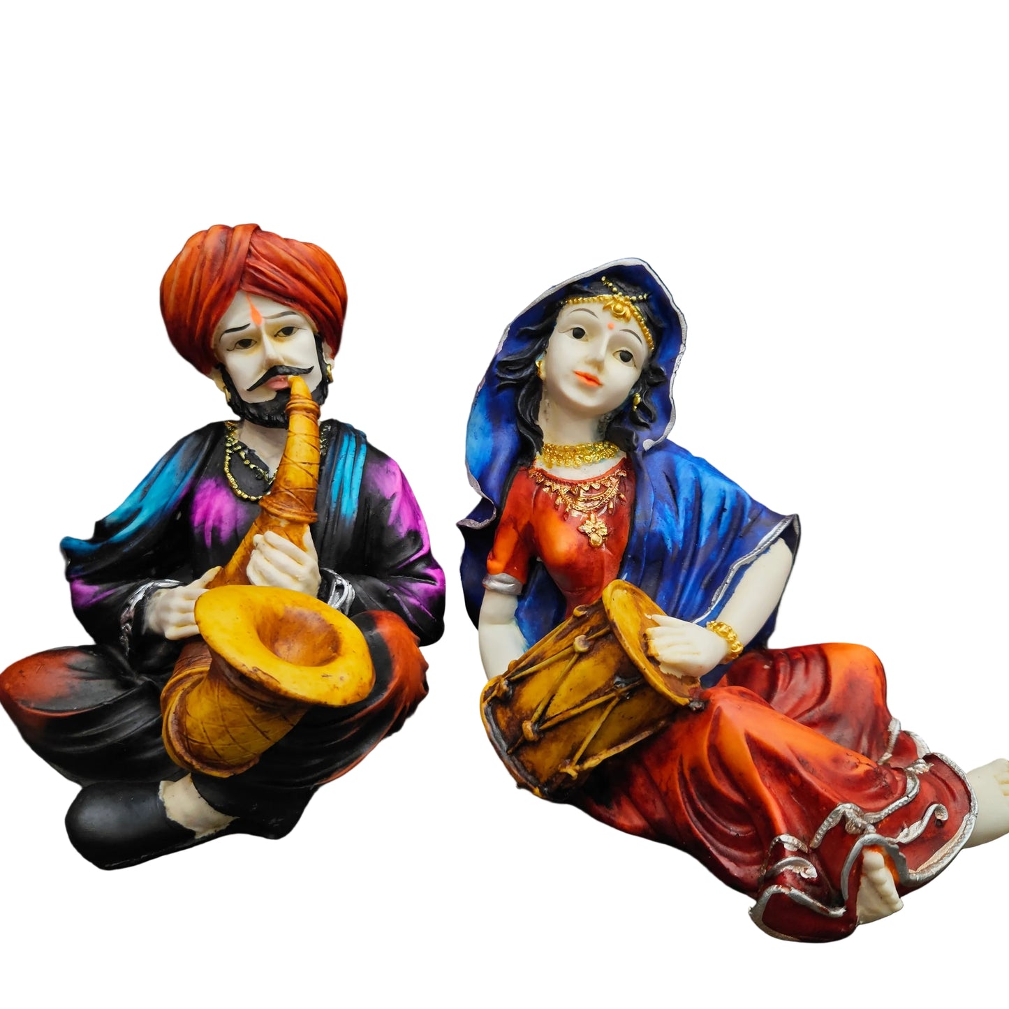 Rajasthani Showpiece figures 6pcs set Couple Man & Lady Playing Musical Instrument Home Decor Resin Traditional Village Decorative Showpiece Statue Living Room