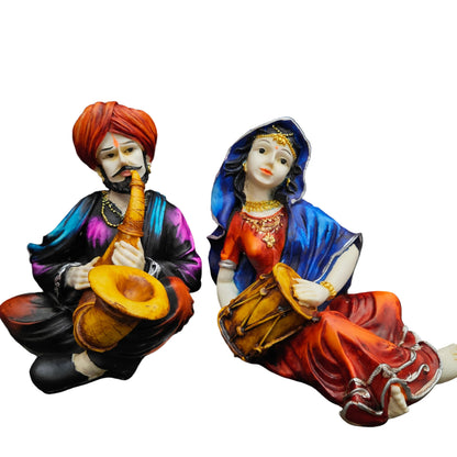 Rajasthani Showpiece figures 6pcs set Couple Man & Lady Playing Musical Instrument Home Decor Resin Traditional Village Decorative Showpiece Statue Living Room