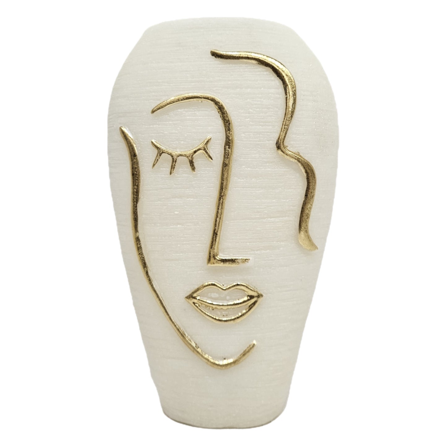 White, textured ceramic vase features a minimalist, golden line-art human face design