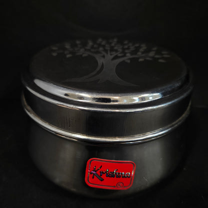 Stainless Steel Round storage box with Tree Design & lid perfect for Return gifting purpose