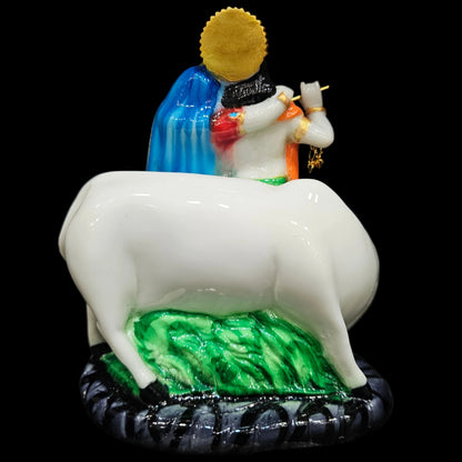 Marble Dust White Cow Radha Krishan with Golden crown Work Radha Krishan Radhe Shyam Murti Statue Idol for Home Pooja Gifted Piece Idol