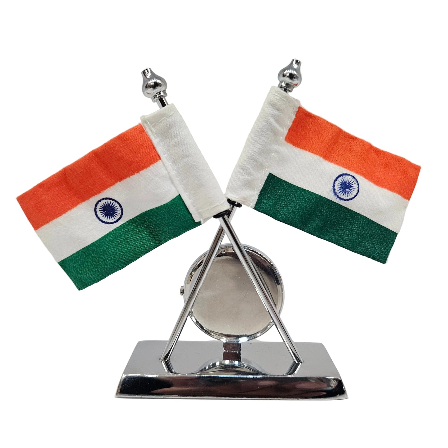 Indian Flag with Quartz Watch on Rectangular Brass Metal Base Stand For Car Dashboard Office Gift Purpose